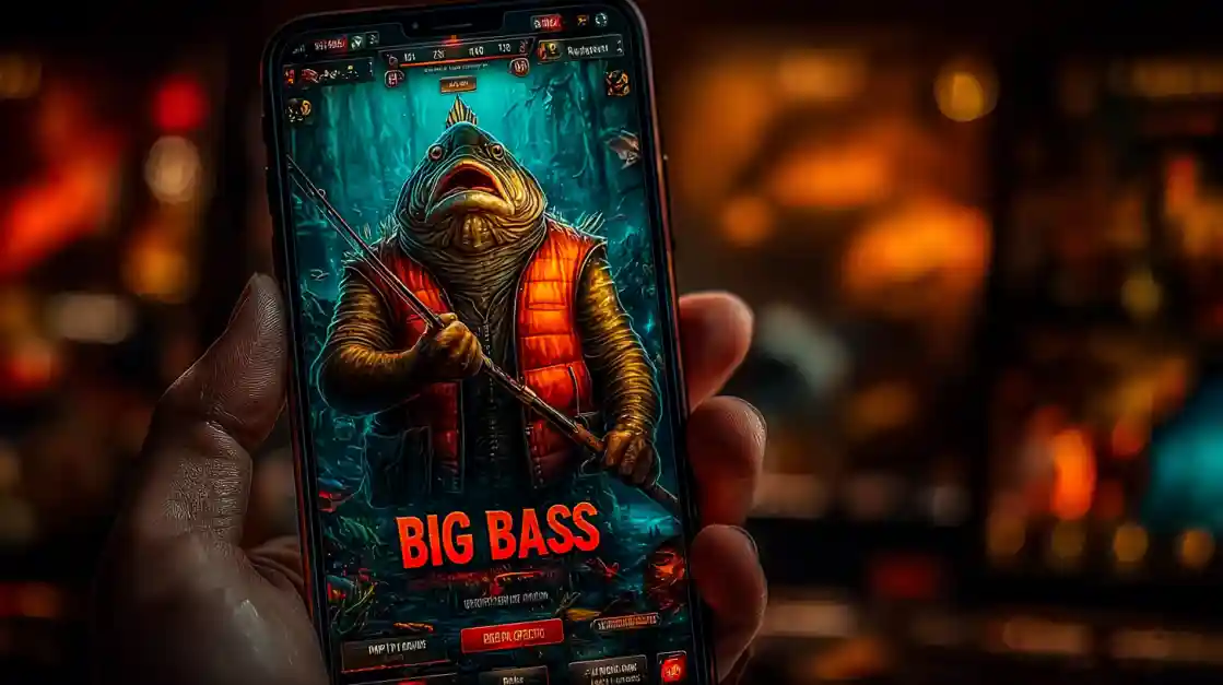 A close-up of a hand holding a smartphone showcasing a BIG BASS fishing game, featuring an anthropomorphic fish character, highlighting the engaging casual games on ck44.