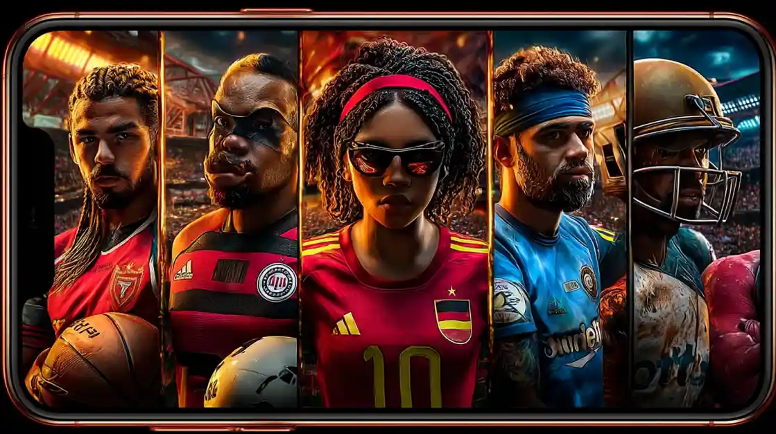 A smartphone screen displays a powerful collage of diverse male and female athletes from various sports, including football and soccer, representing the comprehensive sports betting options at ck44.