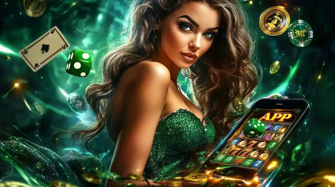 An enchanting woman with flowing hair, adorned in green, gazes captivatingly, surrounded by floating cards, dice, and coins, alongside a smartphone featuring the ck44 gaming app.