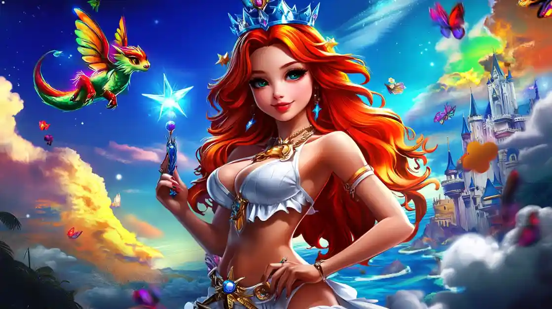 A vibrant fantasy scene featuring a beautiful princess with fiery red hair and a crown, holding a magic wand, with a small winged dragon and a fairytale castle in the background, embodying the magical world of ck44.