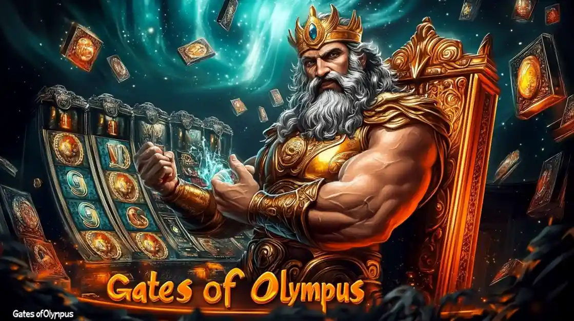 A majestic Zeus figure on a golden throne, surrounded by floating cards and a ck44 slot machine, with Gates of Olympus prominently displayed, inviting players to a mythical gaming experience.