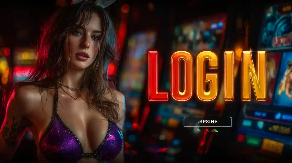A captivating woman in a shimmering top stands beside a prominent LOGIN interface, with ck44 slot machines softly blurred in the background, inviting users to enter the world of ck44.