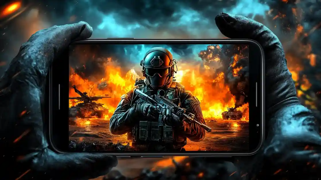 Hands holding a smartphone displaying an intense military shooter game with a soldier amidst explosions and tanks, showcasing the immersive action available on ck44.