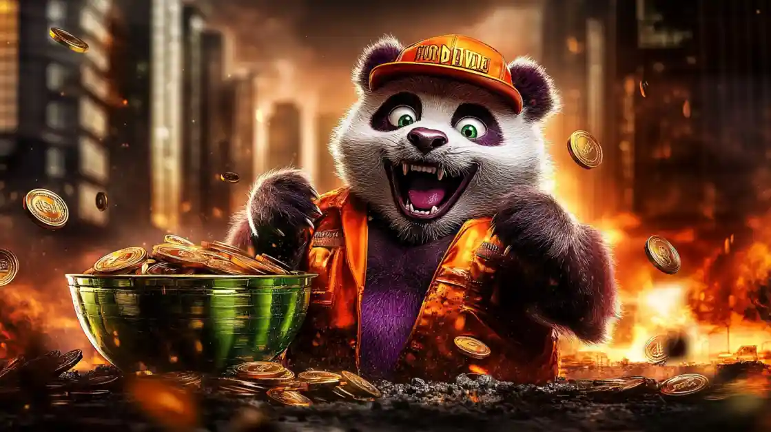 A cheerful panda character wearing an orange cap and jacket, surrounded by golden coins and a bowl of money, symbolizing wealth and good fortune with ck44.