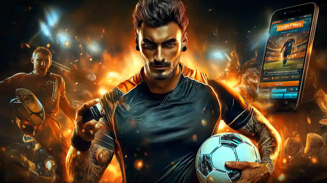 An intense male soccer player with tattoos holds a football, looking confidently at the camera with a ck44 sports betting app on a phone beside him, all set against a fiery action background.
