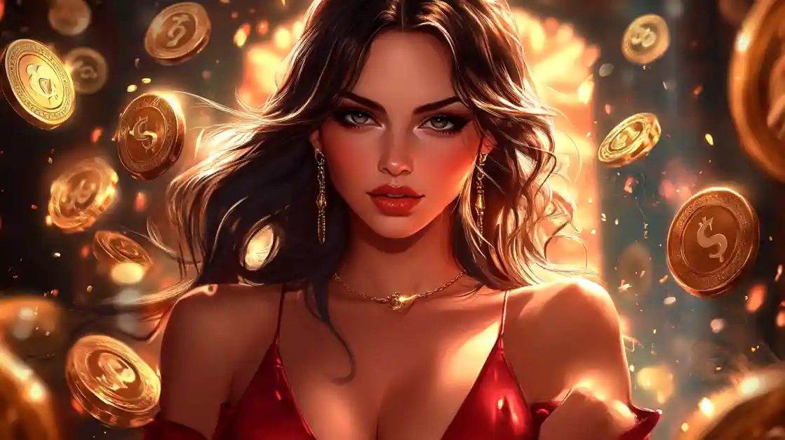 A stunning woman in a red dress, adorned with delicate jewelry, looks directly at the viewer as a shower of golden ck44 coins rains down around her, symbolizing big wins.