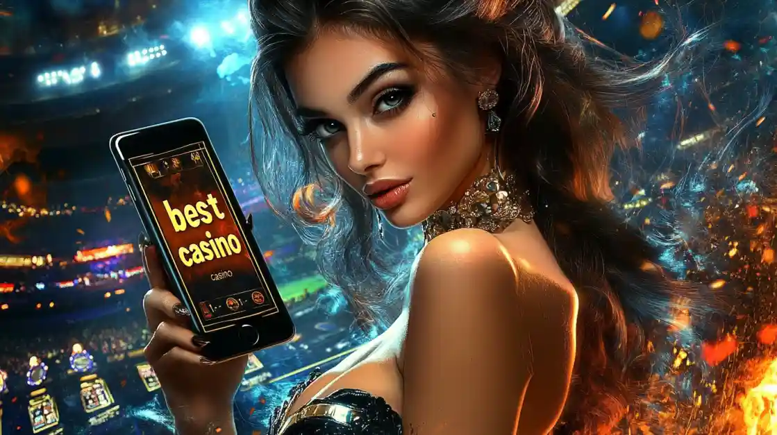 An alluring woman holds a smartphone with the best casino app from ck44 glowing on the screen, set against the backdrop of a brightly lit stadium and ambient flames.