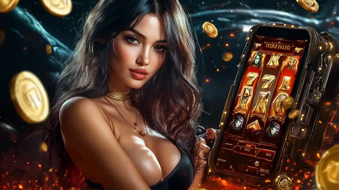 A beautiful woman in a black top looks confidently at the viewer while holding a smartphone displaying a ck44 mobile slot game with 777 symbols and golden coins.
