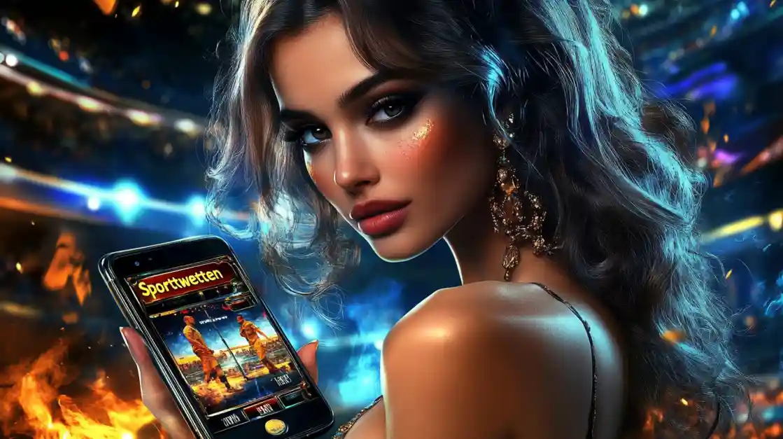 A glamorous woman with elegant makeup looks over her shoulder, holding a smartphone displaying the ck44 sports betting app against a vibrant stadium backdrop with fire effects.